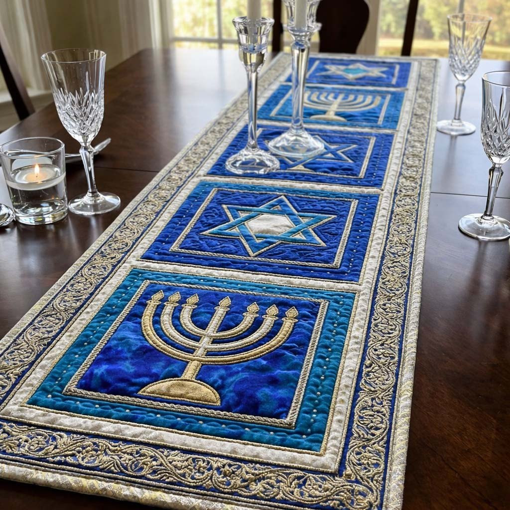 Menorah and Star Framed Panels Table Runner - Made to Order TABLE928
