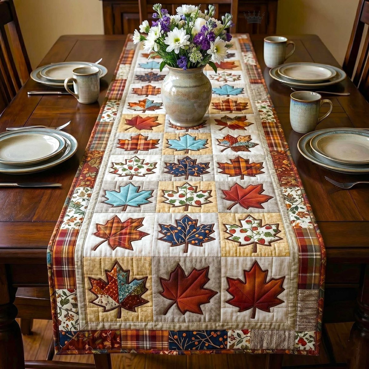 Maple Leaf Blocks on Cream Table Runner - Made to Order TABLE928