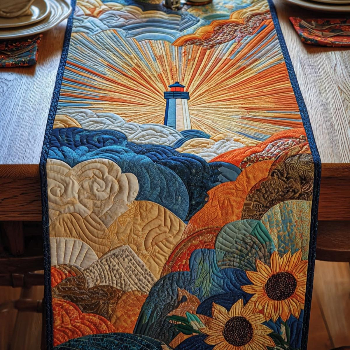 Lighthouse with Sunflowers and Sunrise Sky Table Runner - Made to Order TABLE928