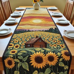 Log Cabin in Sunflower Field Table Runner - Made to Order TABLE928