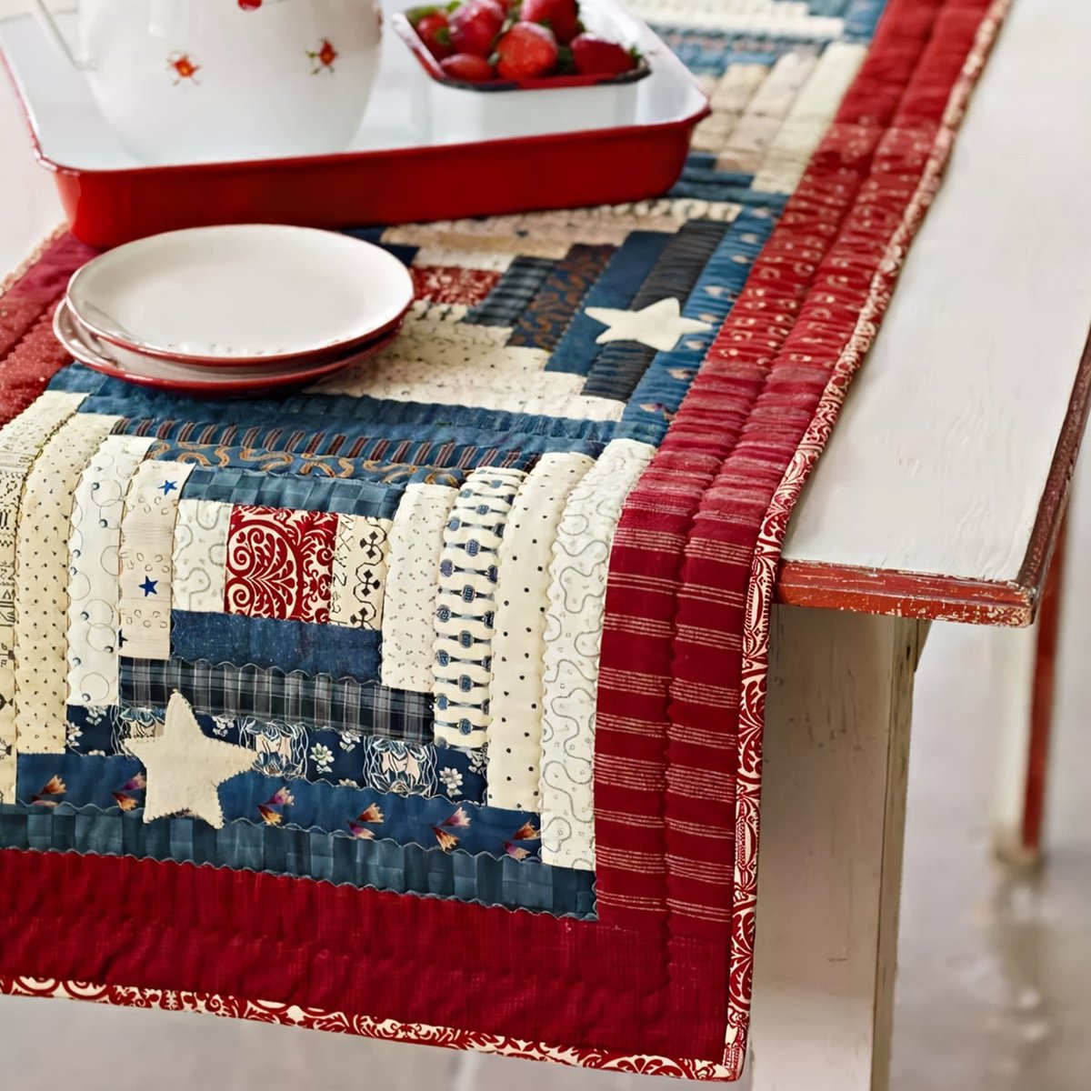 Log Cabin Blocks in Red and Blue Table Runner - Made to Order TABLE928
