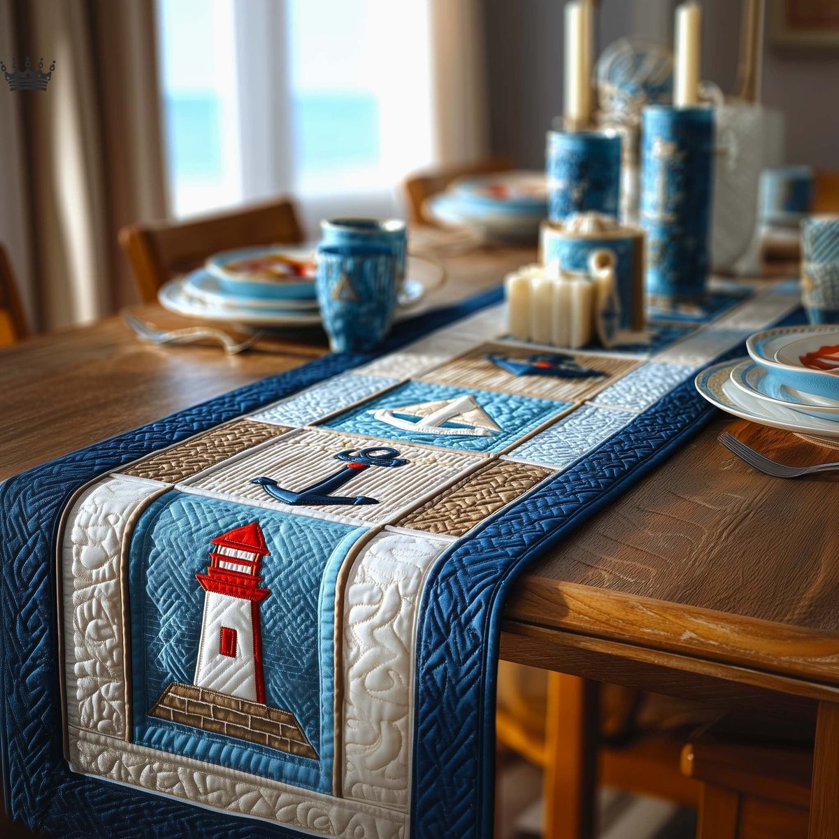 Lighthouse Blocks on Blue Table Runner - Made to Order TABLE928