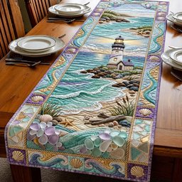 Lighthouse on Rocky Pastel Coast Table Runner - Made to Order TABLE928