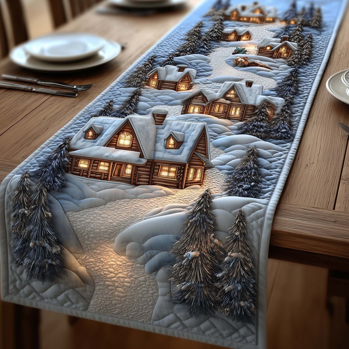 Lit Cottage in Snowy Woods Table Runner - Made to Order TABLE928