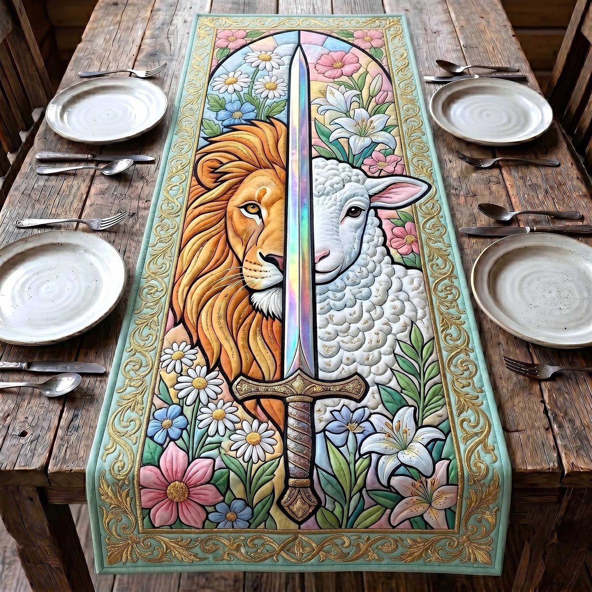 Lion and Lamb with Cross Table Runner - Made to Order TABLE928