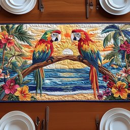 Macaw Pair Above Blue Sea Table Runner - Made to Order TABLE928