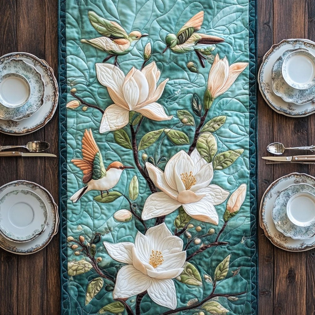 Magnolia Branch on Teal Quilting Table Runner - Made to Order TABLE928