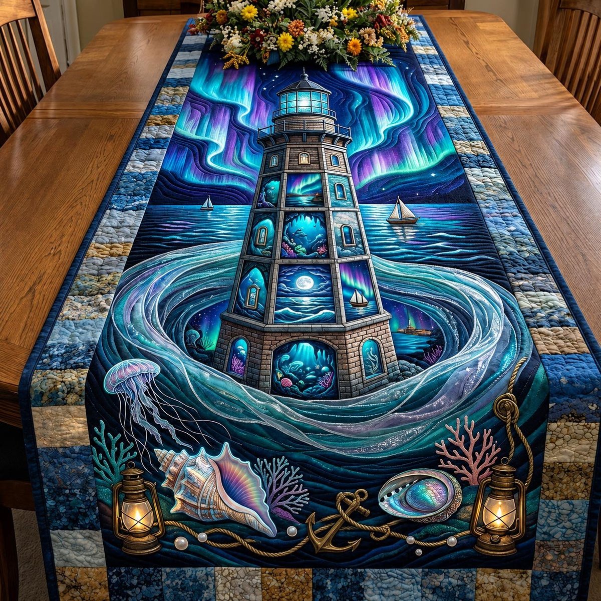 Lighthouse with Aurora and Swirling Sea Table Runner - Made to Order TABLE928