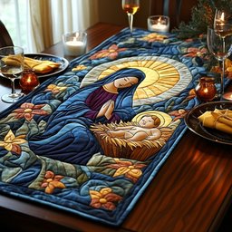 Mary Kneeling over the Manger Table Runner - Made to Order TABLE928