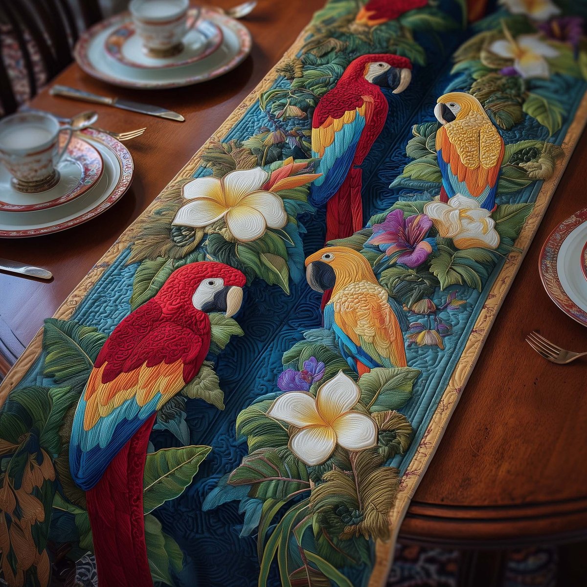 Macaws with White Plumeria Table Runner - Made to Order TABLE928