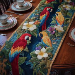 Macaws with White Plumeria Table Runner - Made to Order TABLE928