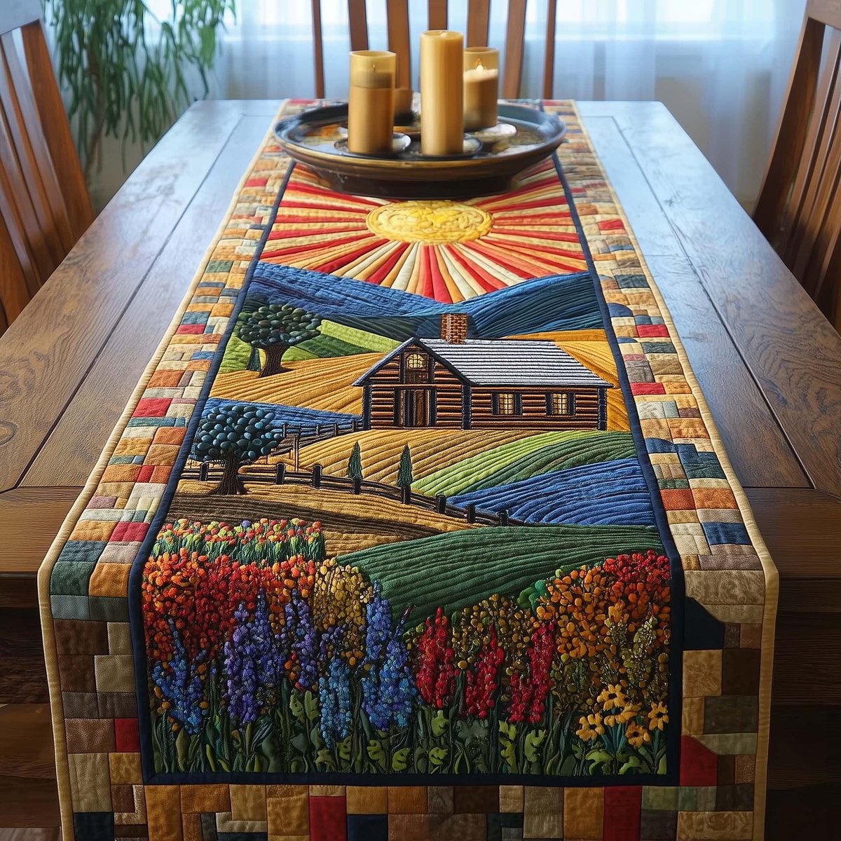 Log Cabin Above Flower Fields Table Runner - Made to Order TABLE928