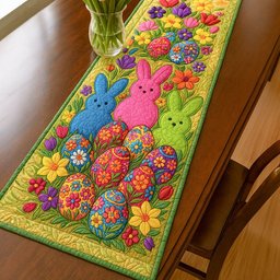 Marshmallow Bunnies with Eggs and Flowers Table Runner - Made to Order TABLE928