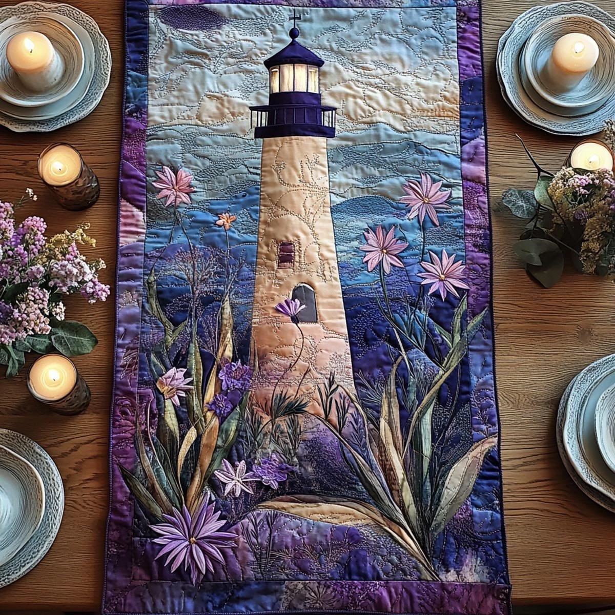 Lighthouse with Pink Blossoms in Purple Table Runner - Made to Order TABLE928
