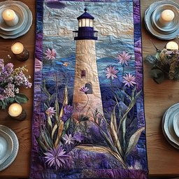 Lighthouse with Pink Blossoms in Purple Table Runner - Made to Order TABLE928
