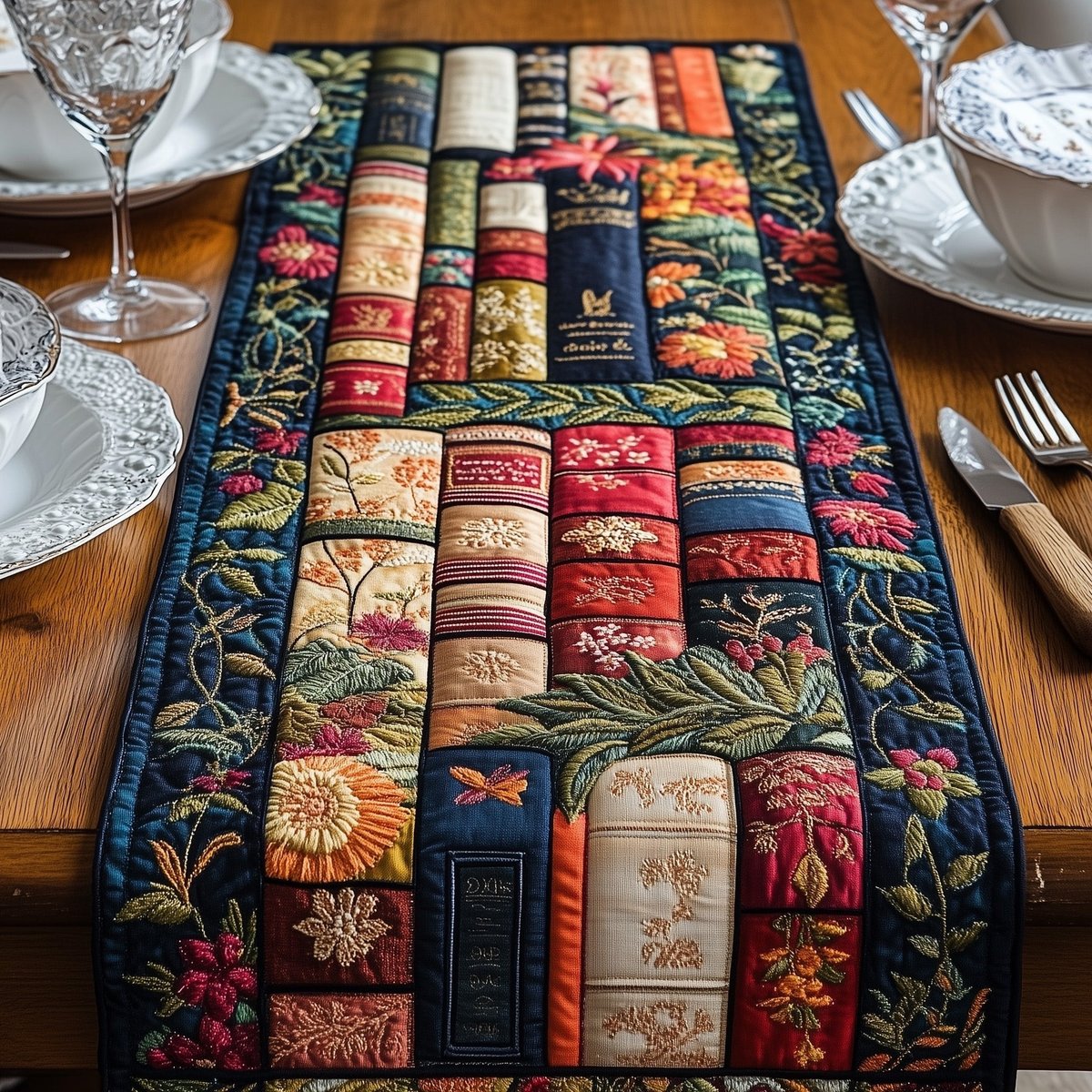 Library Books with Wildflowers Table Runner - Made to Order TABLE928
