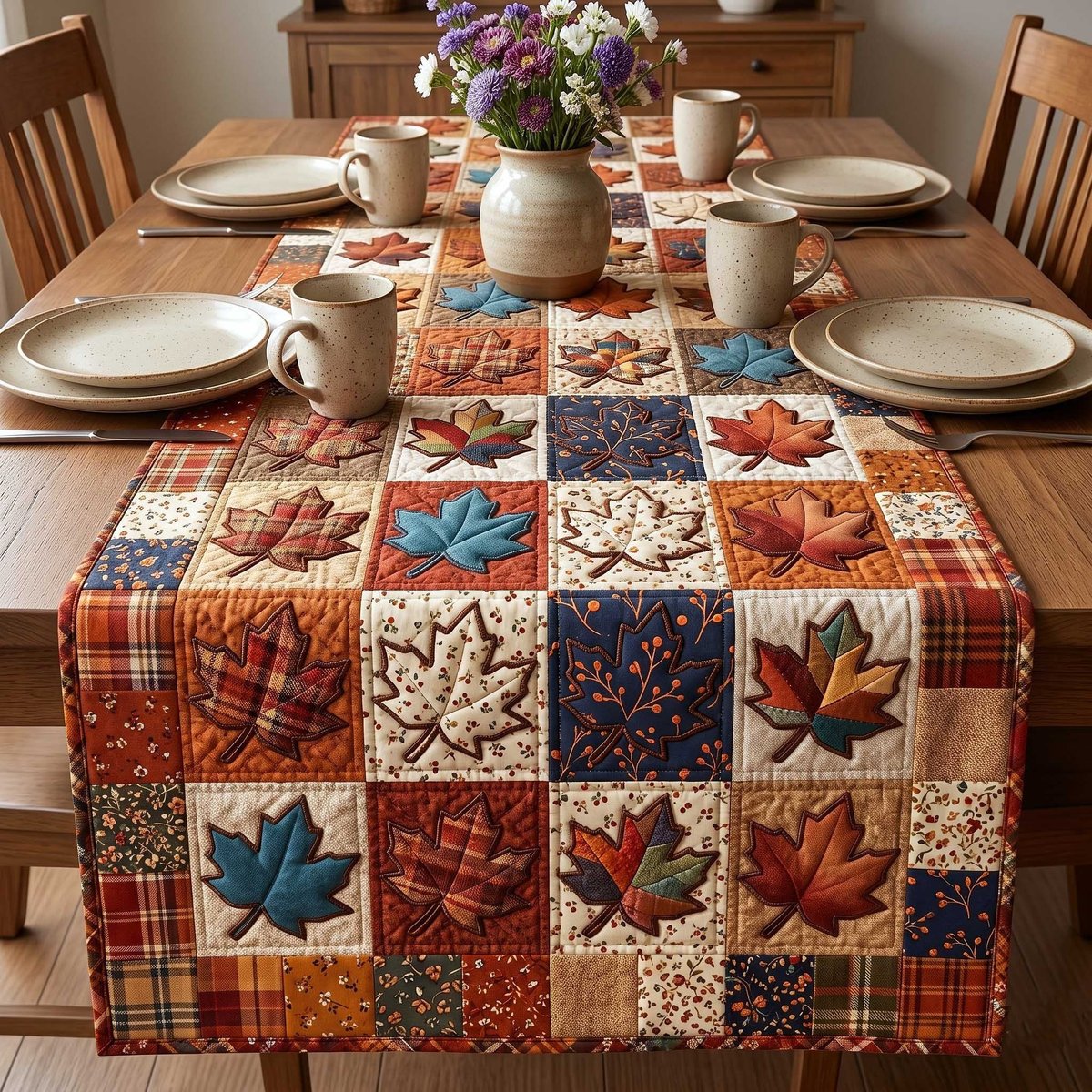 Maple Leaf Squares on Warm Plaid Table Runner - Made to Order TABLE928
