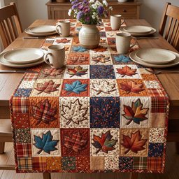 Maple Leaf Squares on Warm Plaid Table Runner - Made to Order TABLE928