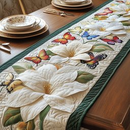 Magnolia with Butterfly on Cream Table Runner - Made to Order TABLE928