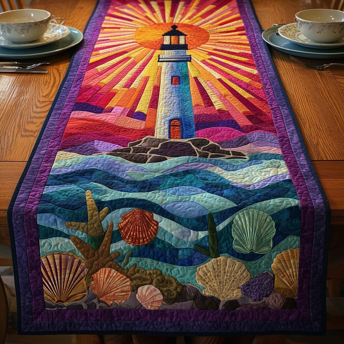 Lighthouse with Sun Rays and Shells Table Runner - Made to Order TABLE928