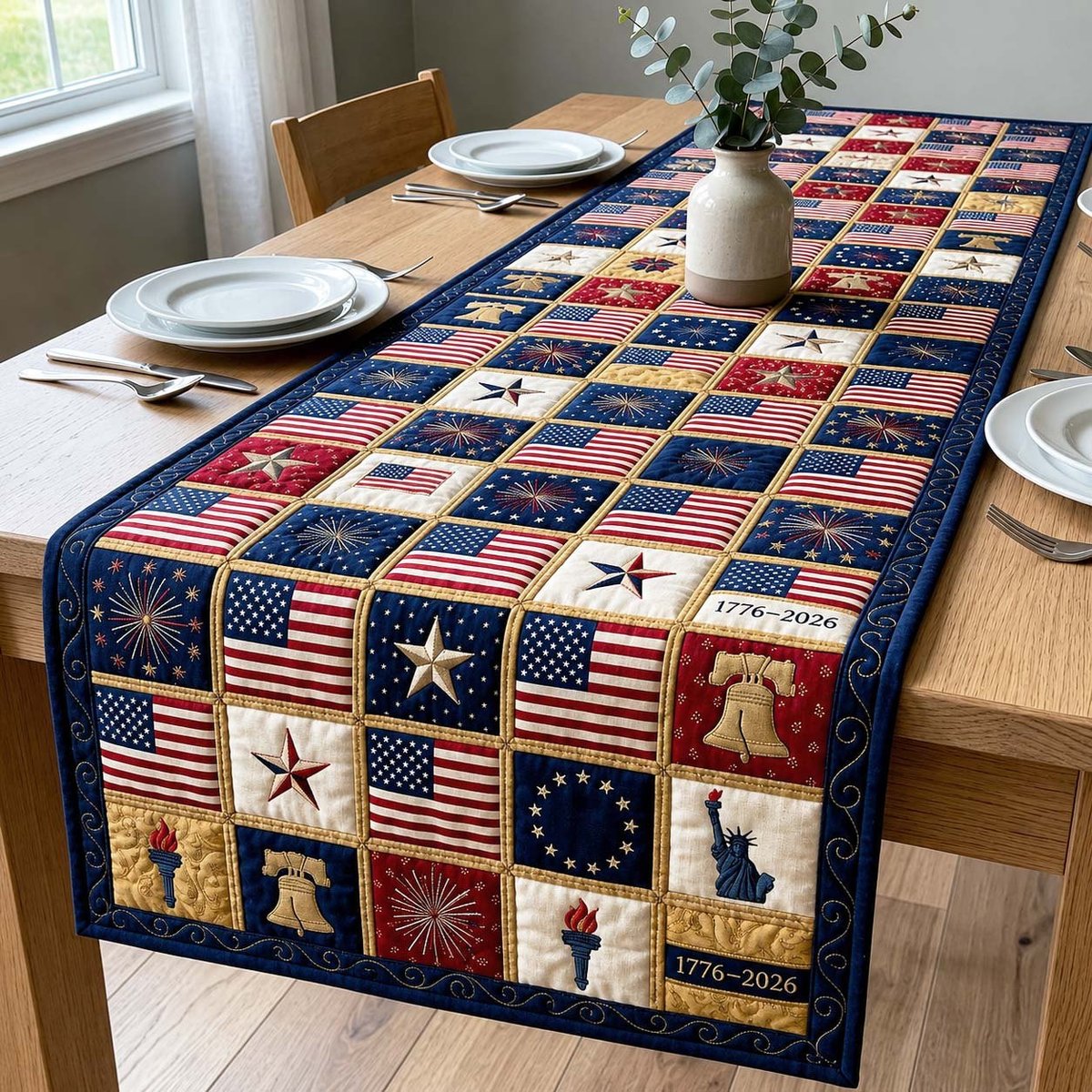 Liberty Bell and Flag Squares Table Runner - Made to Order TABLE928
