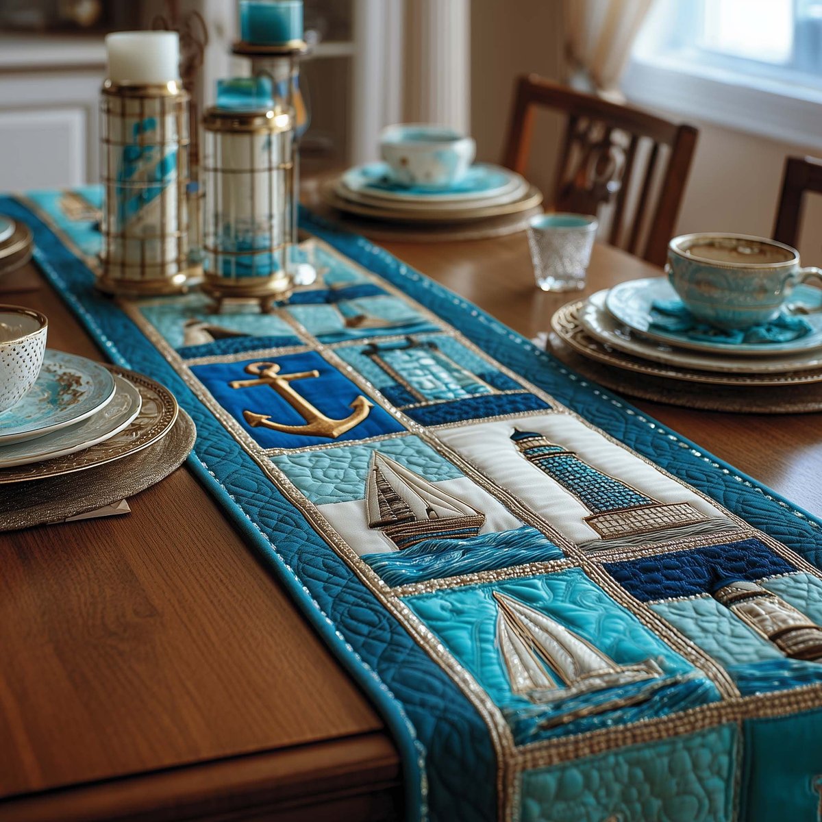 Lighthouses and Anchors on Navy Table Runner - Made to Order TABLE928