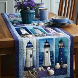 Lighthouses on Blue Striped Panels Table Runner - Made to Order TABLE928