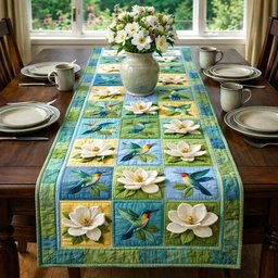 Magnolias and Birds in Green Blocks Table Runner - Made to Order TABLE928