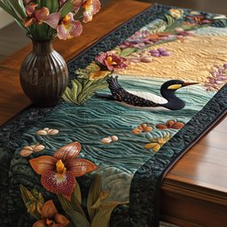 Loon and Orange Orchids on Teal Table Runner - Made to Order TABLE928