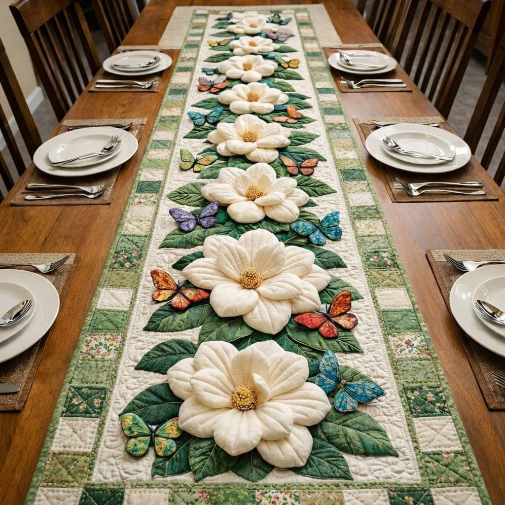 Magnolias and Butterflies on Green Stripes Table Runner - Made to Order TABLE928