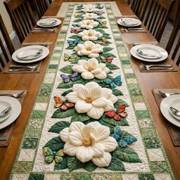 Magnolias and Butterflies on Green Stripes Table Runner - Made to Order TABLE928
