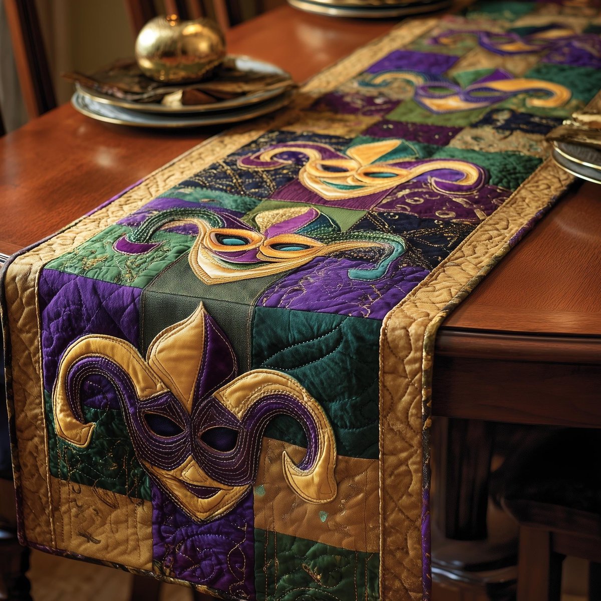 Masks with Fleur de Lis on Purple Table Runner - Made to Order TABLE928