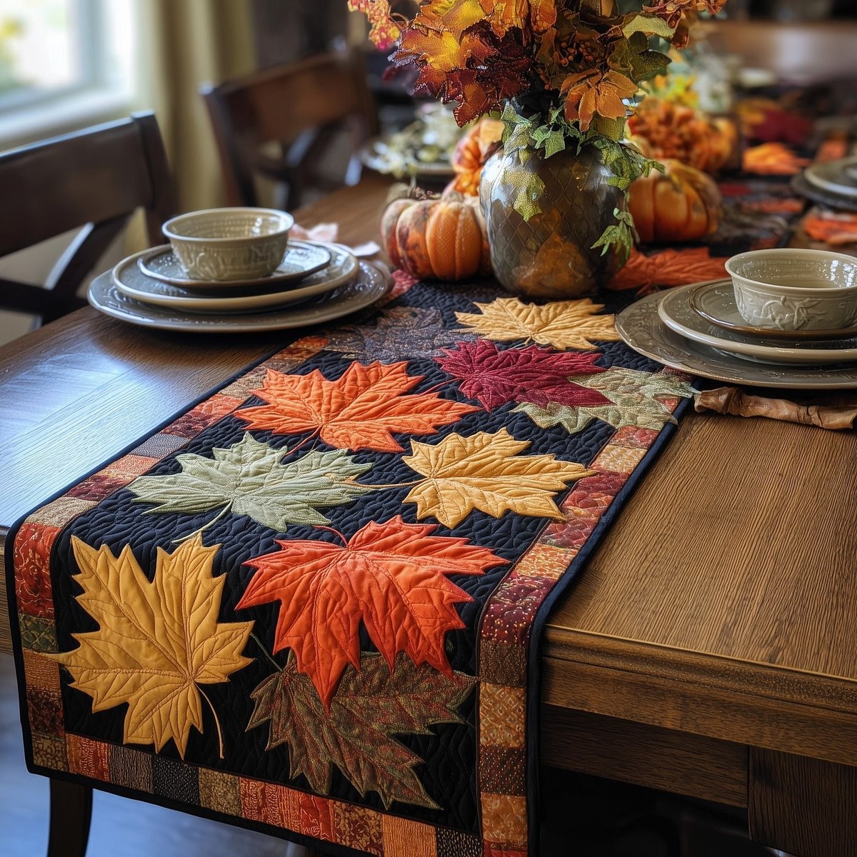 Maple Leaves on Navy Patchwork Table Runner - Made to Order TABLE928