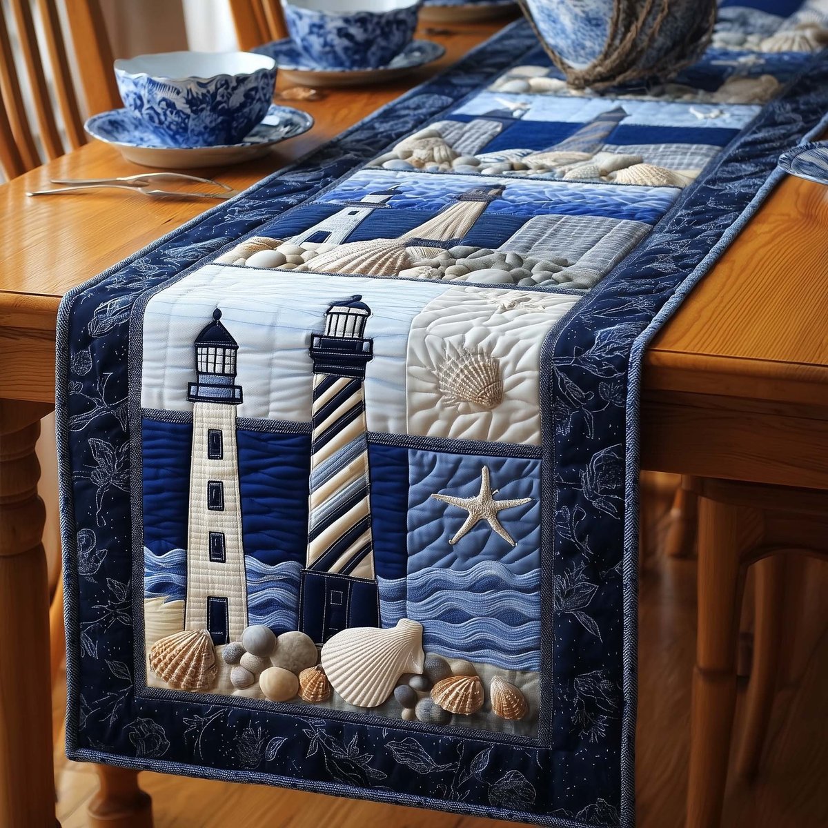 Lighthouses on Blue Quilt Blocks Table Runner - Made to Order TABLE928