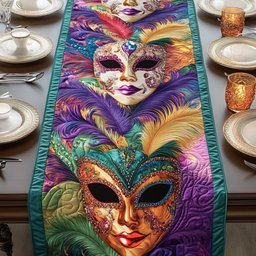 Masks with Purple and Green Feathers Table Runner - Made to Order TABLE928