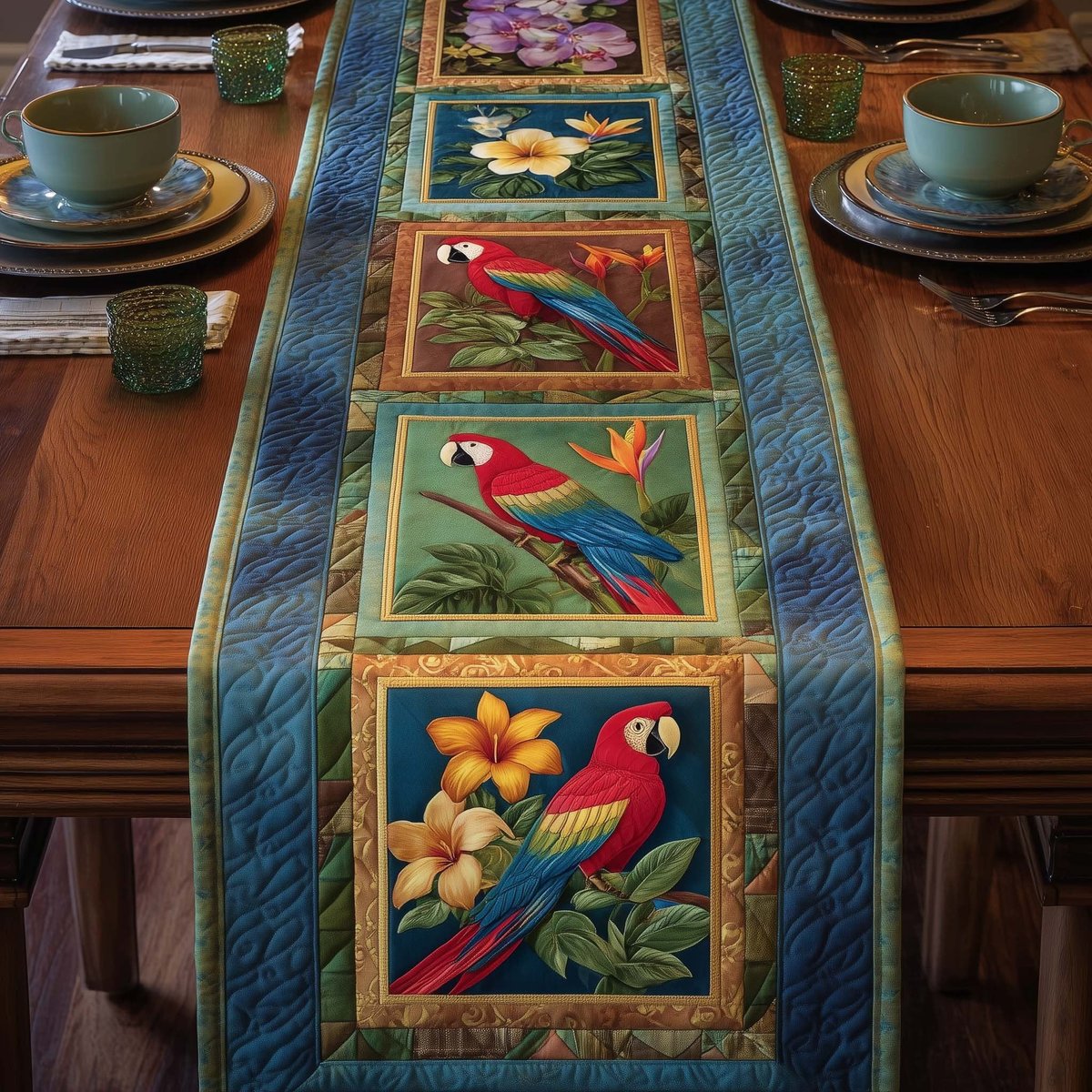 Macaw Squares with Gold Blooms Table Runner - Made to Order TABLE928