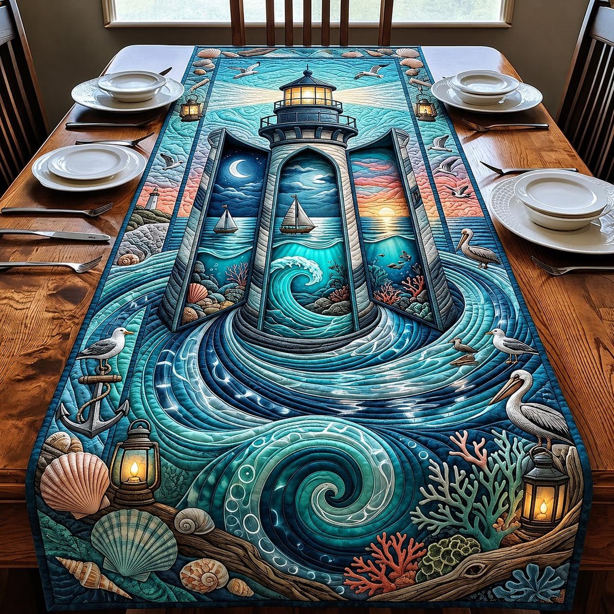 Lighthouse Above Teal Whirlpool Table Runner - Made to Order TABLE928