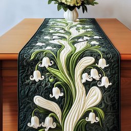 Lily Blossom Lily of the Valley on Dark Green Table Runner - Made to Order TABLE928