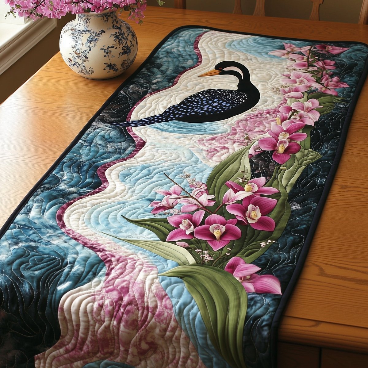 Loon Gliding Past Pink Flowers Table Runner - Made to Order TABLE928