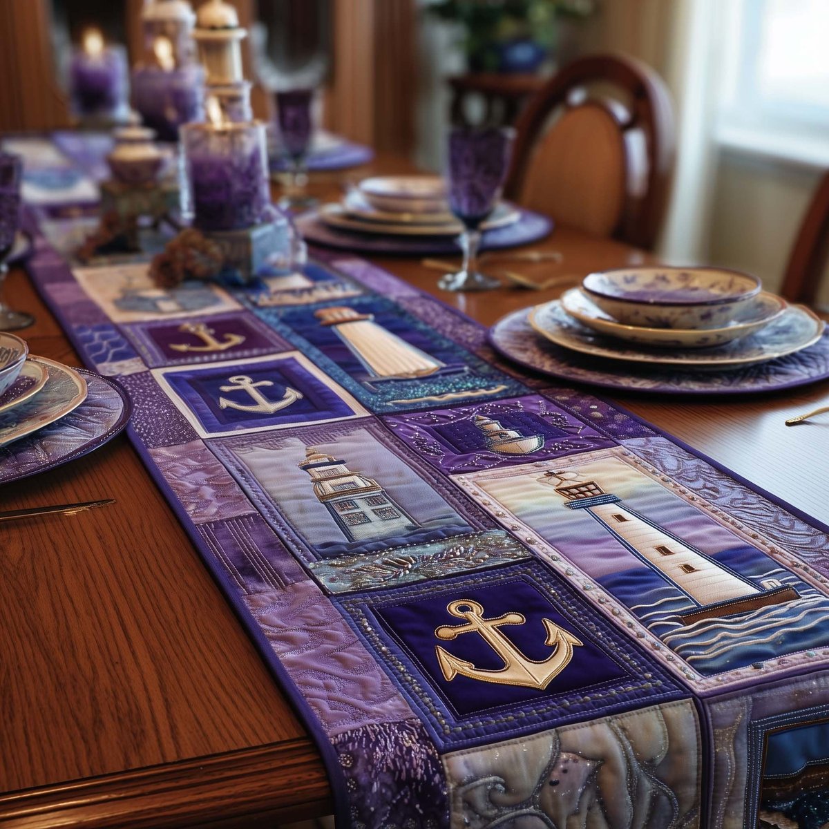 Lighthouse and Anchor on Purple Table Runner - Made to Order TABLE928