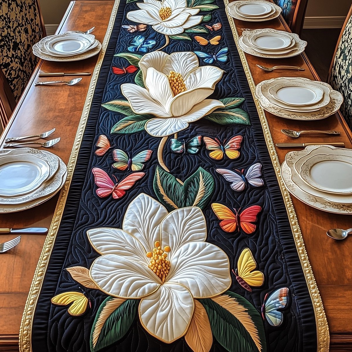 Magnolia and Butterflies on Black Table Runner - Made to Order TABLE928