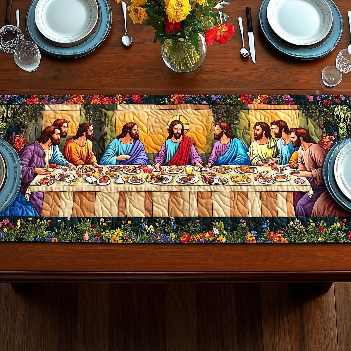Last Supper with Floral Border Table Runner - Made to Order TABLE928
