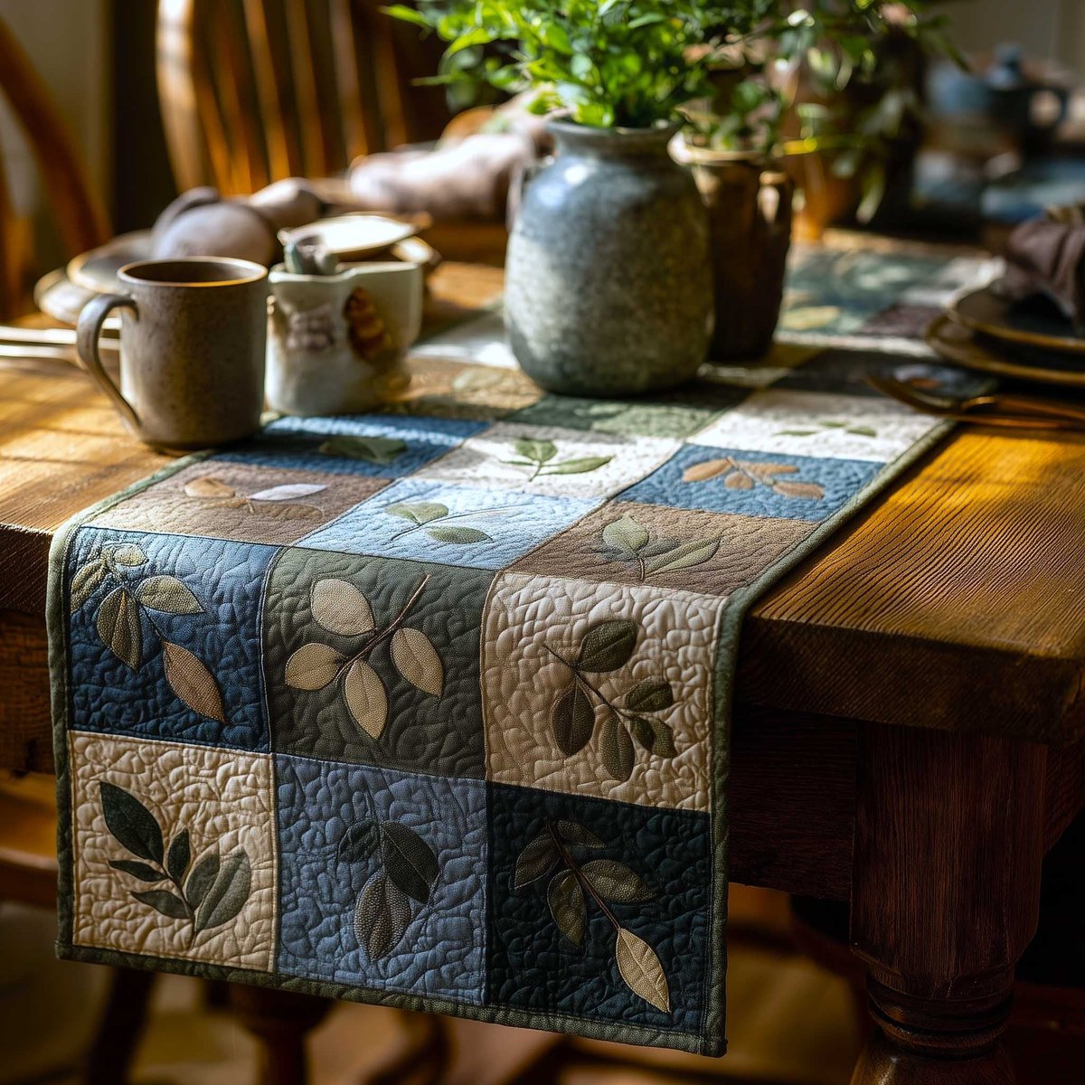 Leaf Blocks in Blue and Cream Table Runner - Made to Order TABLE928
