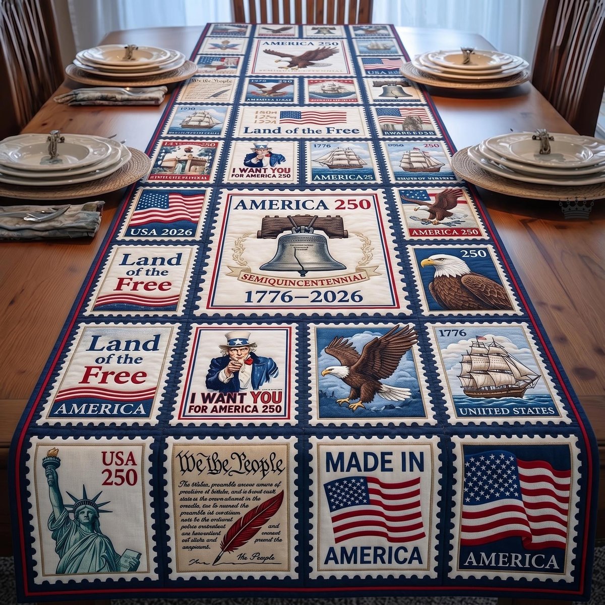 Land of the Free Stamp Blocks Table Runner - Made to Order TABLE928