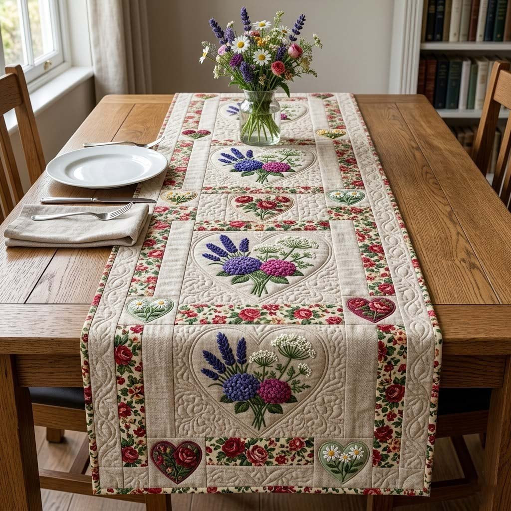 Lavender Hearts in Cream Blocks Table Runner - Made to Order TABLE928