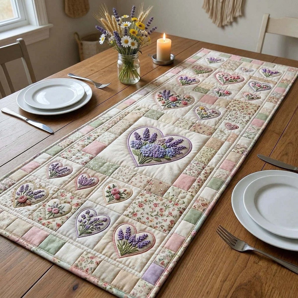 Lavender Hearts on Pink Panel Table Runner - Made to Order TABLE928