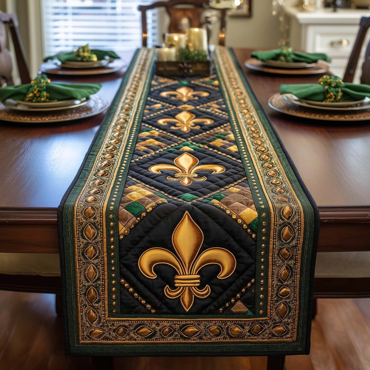 Large Gold Emblem on Green Band Table Runner - Made to Order TABLE928