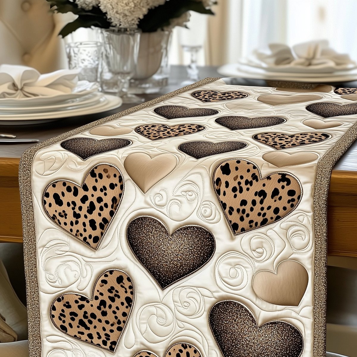 Leopard Print Hearts on Cream Table Runner - Made to Order TABLE928