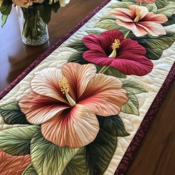Large Peach Hibiscus on Burgundy Table Runner - Made to Order TABLE928