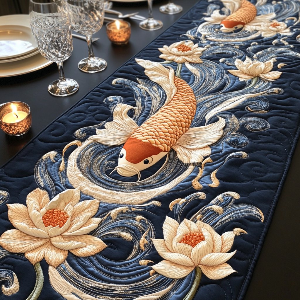 Koi with Lotus on Navy Waves Table Runner - Made to Order TABLE928